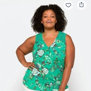 Daniel Rainn Fontine Crochet Detail Elegant Green Floral Tank Top